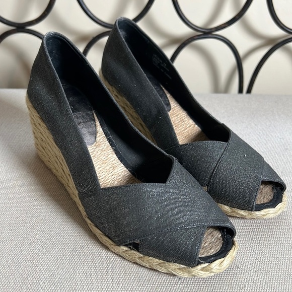 Lauren Ralph Lauren Shoes - Lauren RL Cecilia open toe black with silver canvas sparkle Espadrilles wedge 7B